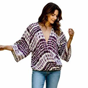 LOVE STITCH Draped V-Neck Cross Over Blouse Top OPEN Arm Flare Sleeve